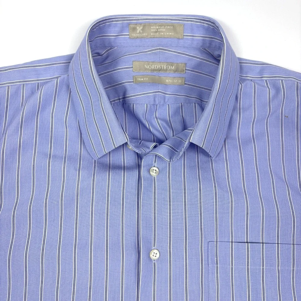 Nordstrom Trim Fit Button Up Shirt Mens Sz 16 1/2 32-33 Blue‎ White Stripe Smart